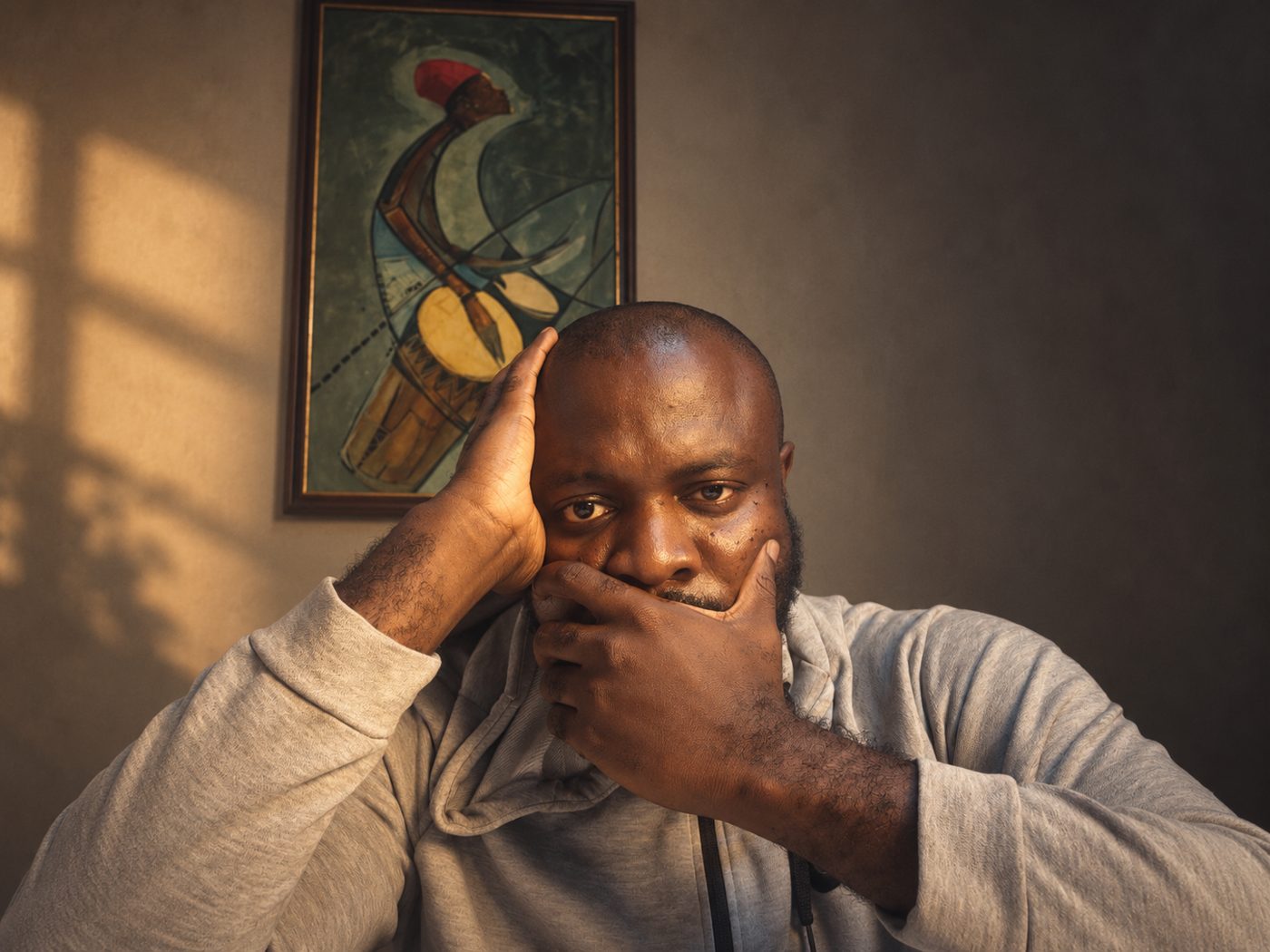 Femi Fragile seated beneath a painting of a drummer, hand over his mouth, in late afternoon light